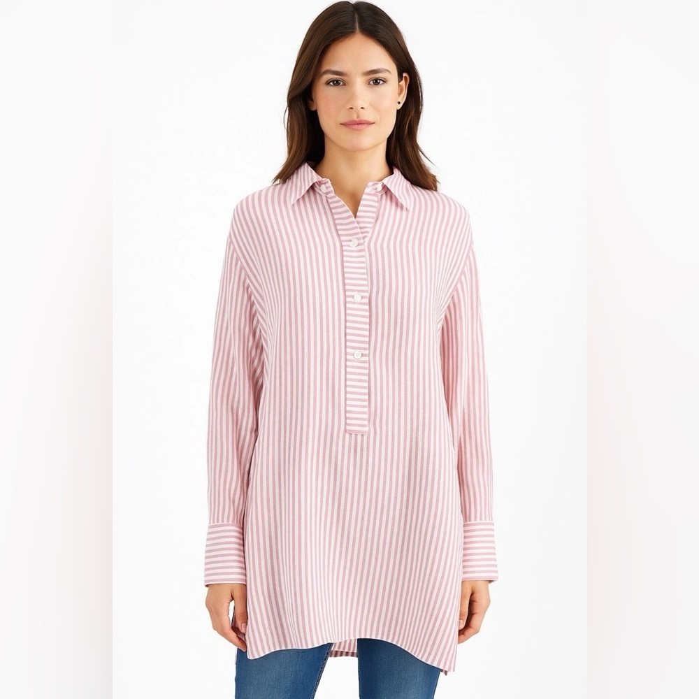 MAX‎ STUDIO Womens Blouse Red White L Striped Popover Tunic Collared Long Sleeve
